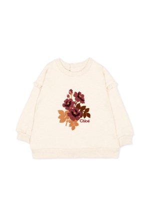 Pull à manches longues couleur crème avec poignets et ourlet côtelés, décoré de broderies florales marron et mauve et le mot "Chloé" sur le devant.