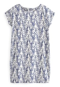 Robe à manches courtes avec un fond bleu et des motifs floraux et géométriques blancs complexes. Tissu doux avec une coupe décontractée.