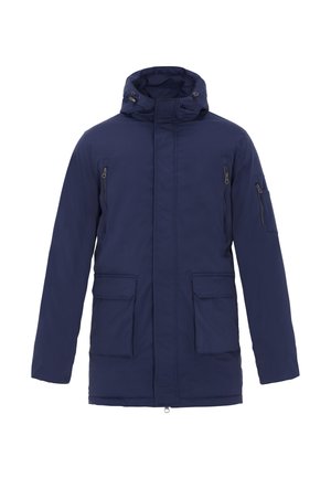 Parka impermeabile blu navy con chiusura a zip e bottoni a pressione, molteplici tasche con zip e patta, e cappuccio regolabile. Maniche lunghe.