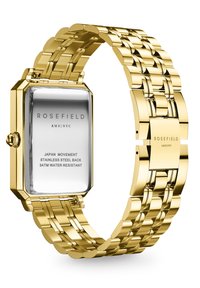 Reloj de acero inoxidable dorado con cara rectangular y acabado pulido, que presenta una pulsera de eslabones y un diseño resistente al agua.