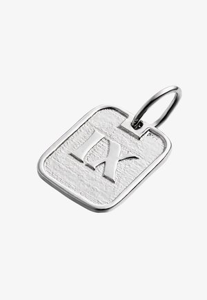 Colgante de plata con un acabado texturizado, que presenta un "IX" en mayúsculas en relieve. La forma es rectangular con un lazo circular para la sujeción.