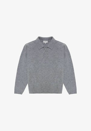 Grauer gestrickter Polo-Pullover mit kragenförmigem Ausschnitt, einer Drei-Knopf-Leiste, langen Ärmeln sowie gerippten Bündchen und Saum. Weiche Textur.