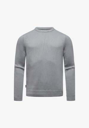 Maglione grigio lavorato a maglia con un motivo testurizzato, scollatura rotonda e maniche lunghe. Presenta polsini e orlo a coste per una vestibilità sicura.