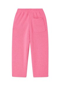 Pink fleece sweatpants with elastic waistband and single patch pocket on the right side, displayed flat on white background.