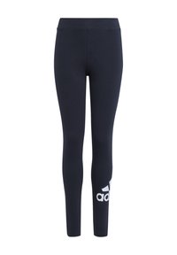 Leggings navy de tela elástica, con una cintura alta y un logo blanco de Adidas cerca de la parte inferior de la pierna izquierda. Textura suave.