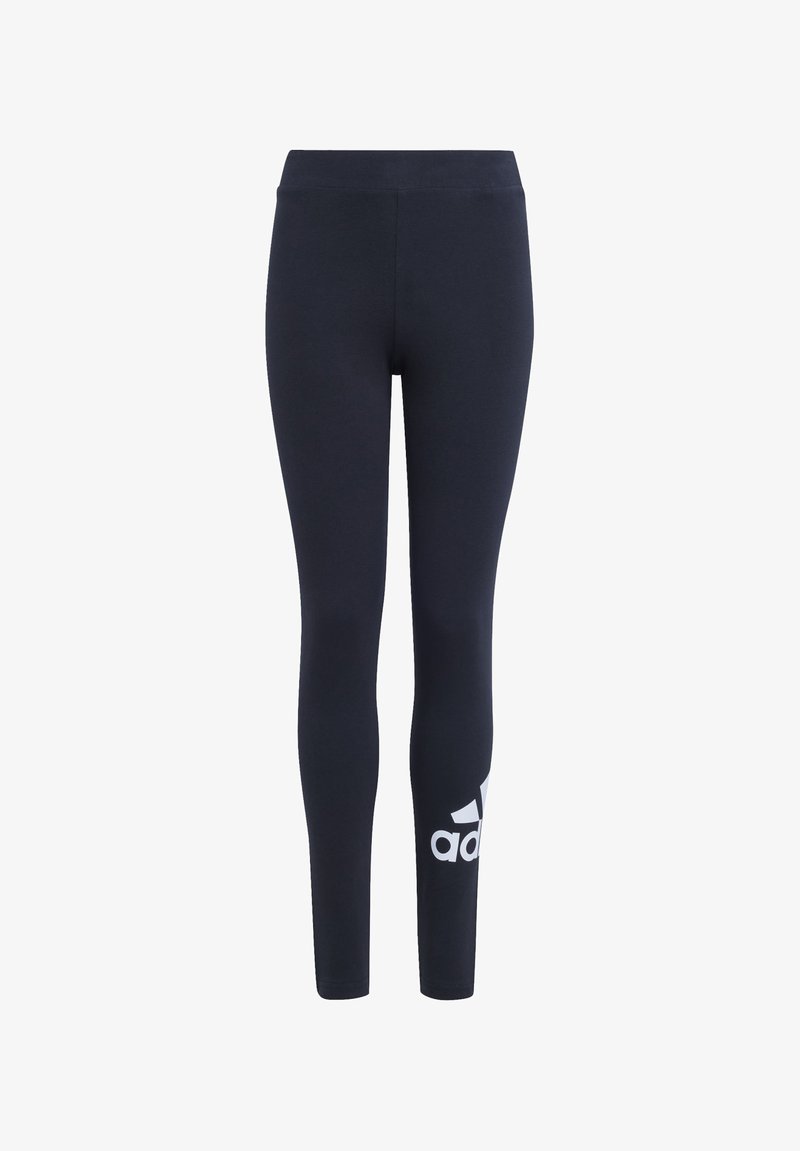 Leggings navy de tela elástica, con una cintura alta y un logo blanco de Adidas cerca de la parte inferior de la pierna izquierda. Textura suave.