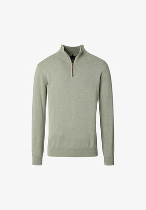 Hellgrüner Langarm-Herrenpullover mit gerippten Bündchen und Saum, ausgestattet mit einem Viertelreißverschluss-Kragen und einem dezenten gestickten Logo auf der Brust.