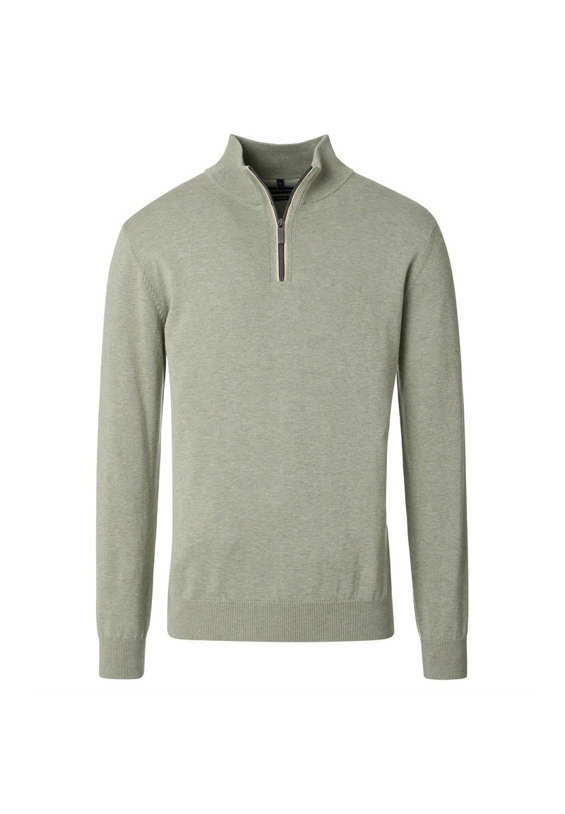 Lichtgroene lange mouwen heren sweater met geribbelde manchetten en onderrand, voorzien van een kwart-rits kraag en een subtiele geborduurde logo op de borst.