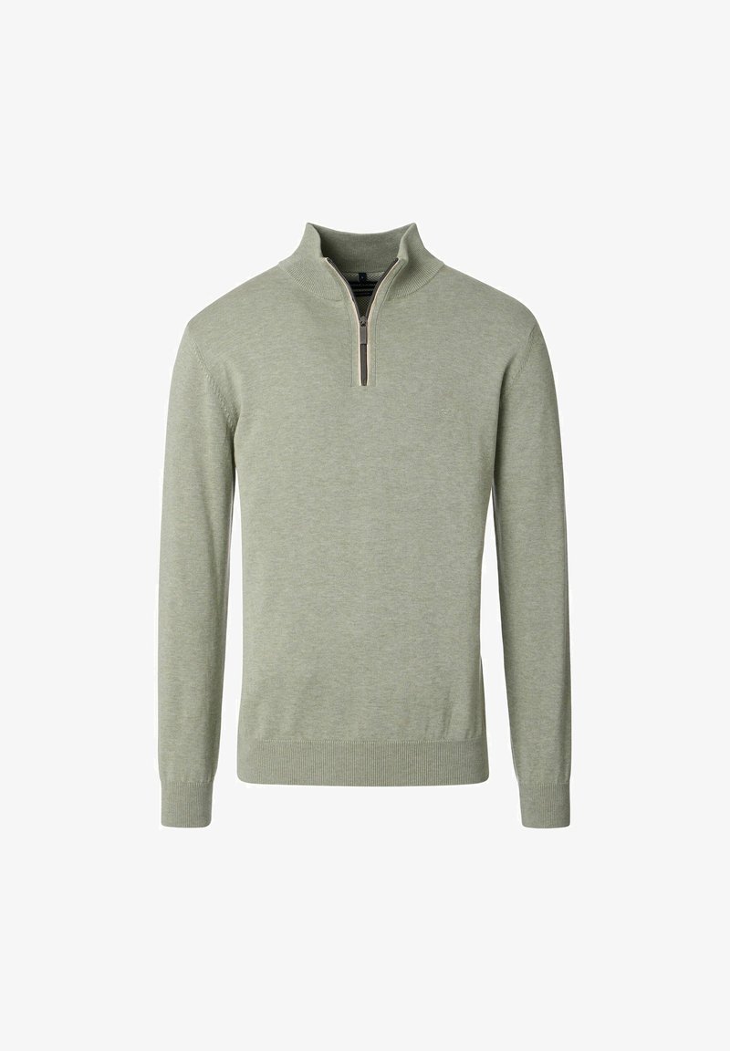 Lichtgroene lange mouwen heren sweater met geribbelde manchetten en onderrand, voorzien van een kwart-rits kraag en een subtiele geborduurde logo op de borst.