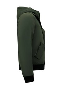 Gewatteerd bomberjack met capuchon in donker groen nylon. Heeft een rits aan de voorkant, geribbelde manchetten en een met rits afsluitbare zak aan de linkerkant. Gladde textuur.