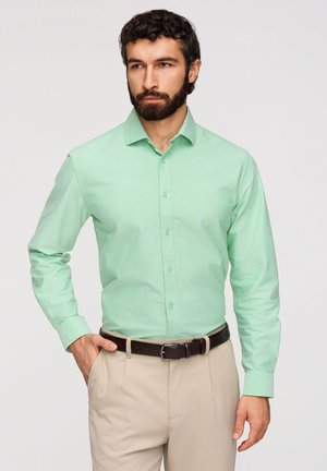 Mężczyzna o ciemnych włosach i brodzie, ubrany w jasną zieloną koszulę z długim rękawem zapinaną na guziki oraz beżowe spodnie z czarnym pasem.