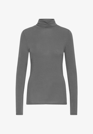 Duga rukava, uska siva majica s visokim ovratnikom s glatkom teksturom i jednostavnim dizajnom, prikazana na bijeloj pozadini.