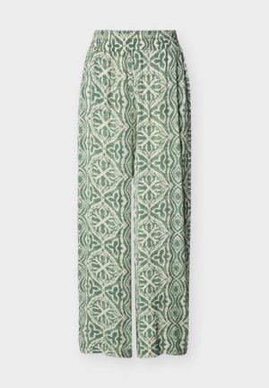 Πλατύτερο παντελόνι με ελαστική ζώνη μέσης σε πράσινο και λευκό χρώμα με αφηρημένο συμμετρικό μοτίβο σε όλο το ύφασμα.