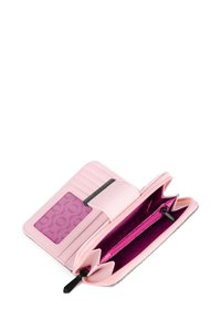 Pink wallet with a textured exterior, featuring a clear ID window, multiple card slots, and a zipper pocket with a vibrant inner lining.