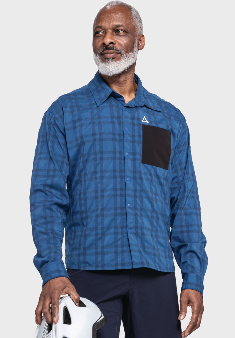 Blaue Karomuster-Hemden mit langen Ärmeln, schwarzem Brusttasche und Knopfverschluss, aus leichtem Material gefertigt, mit einem Logo auf der oberen linken Seite.