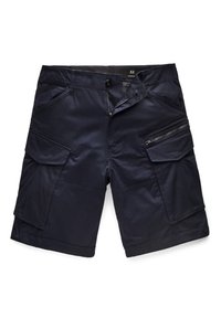 Marinblå cargo-shorts med knapp- och dragkedjeslutning, fram- och sidofickor, inklusive en ficka med dragkedja på höger lår, storlek 32.