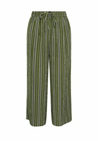Gröna randiga vida byxor i lätt material, med ett elastiskt midjeband och dragsko samt vertikala ränder i varierande bredd.