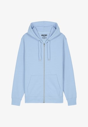 Světle modrá mikina na zip vyrobená z měkkého materiálu. Disponuje kapucí se šňůrkou, předními kapsami, ribovanými manžetami a rovnými okraji.