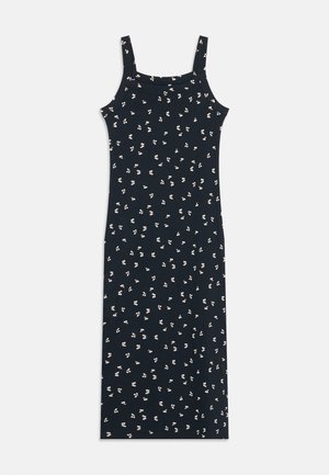 Czarna sukienka midi bez rękawów z cienkimi ramiączkami i małym białym kwiatowym wzorem.