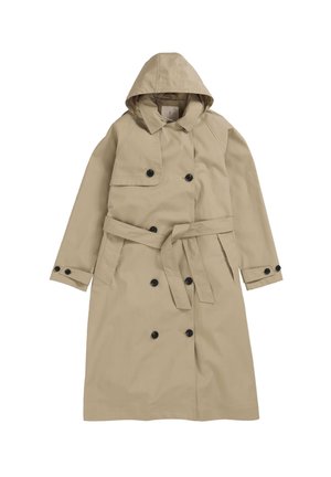 Beige trenchcoat met een capuchon, dubbelbreasted ontwerp, zwarte knopen, een aangesloten riem en zijzakken. Glad textuur en kniehoogte.