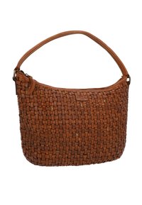 Borsa a spalla in pelle intrecciata marrone con chiusura a zip, manico curvo e dettagli in metallo sottili per un tocco di texture.