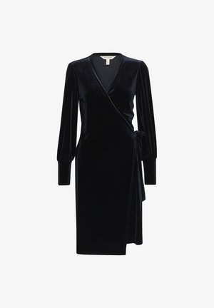 Musta samettiwrap-mekko, jossa on pitkät puffihihat, V-pääntie ja vyötäröllä naru. Sileä rakenne ja polven pituinen muotoilu.