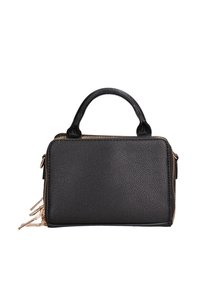 Borsa in pelle nera con una forma rettangolare strutturata, dettagli in zip dorata e doppio manico superiore. Presenta un'esterno testurizzato e dettagli con zip laterali.