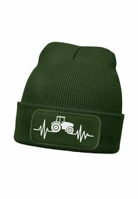 Green knit beanie with a ribbed texture, featuring a white tractor graphic and heartbeat line on a rectangular patch at the front.