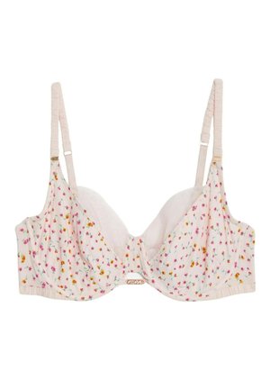 Bikini-top met bloemenpatroon, gemaakt van zachte stof, met een lichtroze achtergrond en kleine multikleurige bloemen. Ondersteuning met beugel en verstelbare bandjes.