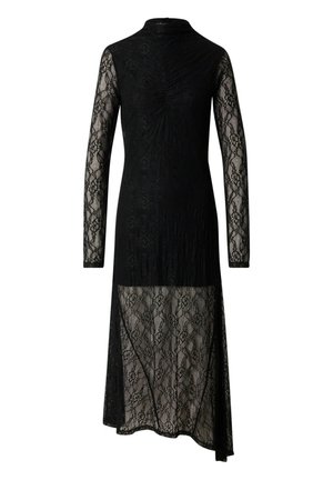 Schwarzes Spitzenkleid mit langen Ärmeln, hohem Kragen und transparenter Säume. Mit komplexen floralem Mustern und tailliertem Oberteil. Elegantes und strukturiertes Design.
