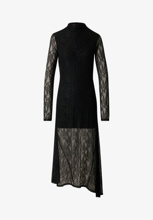 Schwarzes Spitzenkleid mit langen Ärmeln, hohem Kragen und transparenter Säume. Mit komplexen floralem Mustern und tailliertem Oberteil. Elegantes und strukturiertes Design.
