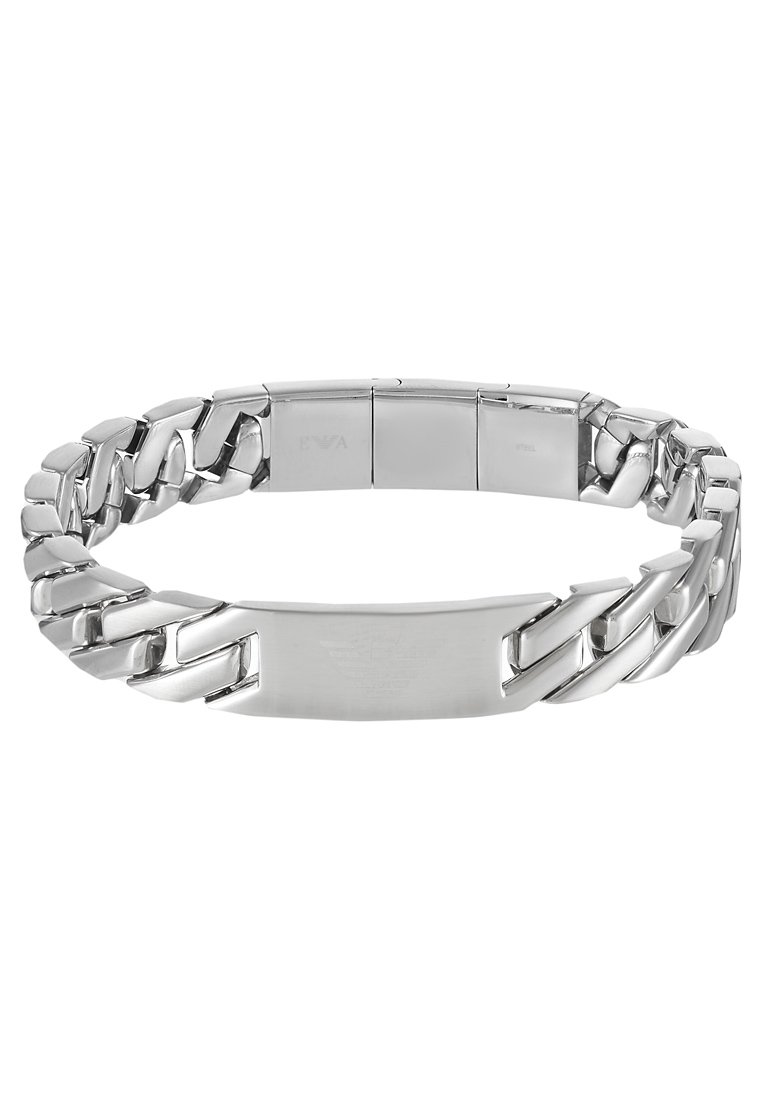 Silver stainless steel bracelet featuring interlocking links, rectangular center plate, smooth texture, and polished finish.