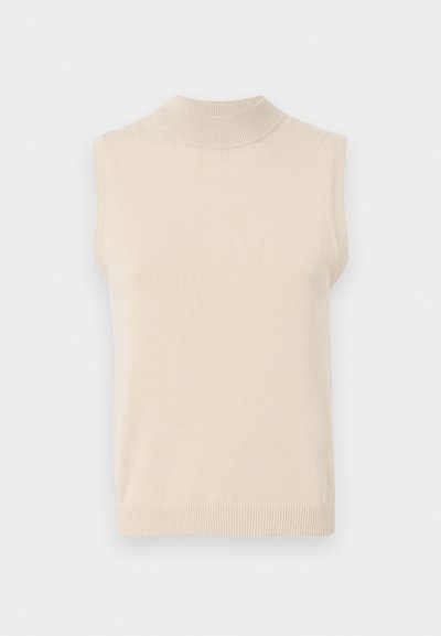 Helles beiges, ärmelloses Oberteil mit hohem Ausschnitt, glatter Textur, gerippten Kanten und einem schlichten Design. Ideal zum Layering oder als Einzelstück.