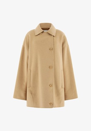 Beiger Wollmischmantel mit breitem Kragen, langen Ärmeln und vier Knopfverschlüssen. Verfügt über zwei Seitentaschen und eine lockere Passform.