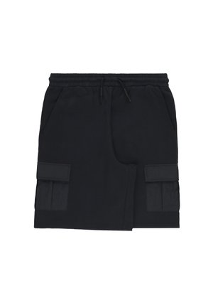 Gonna nera al ginocchio con vita elastica, coulisse, tasche laterali e due tasche cargo con pattina sui lati anteriori.