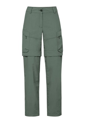 Olivengroene cargobroek met afritsbare pijpen, knoopsluiting, riemlussen en ritssluitingen aan de zijkant met klep.