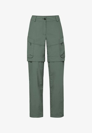 Olivgrüne Cargohose mit abnehmbaren Hosenbeinen, Knopfverschluss, Gürtelschlaufen und Reißverschluss-Seitentaschen mit Klappe.