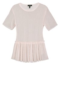 Krátký rukáv, světle růžový top vyrobený z průhledné látky s nařaseným, skládáným lemem. Kulatý výstřih a volný, plovoucí design.