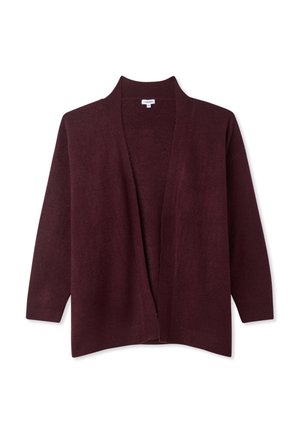 Cardigan bordeaux con colletto a scialle, design davanti aperto, maniche a tre quarti e un morbido tessuto a maglia testurizzato. Senza chiusure.