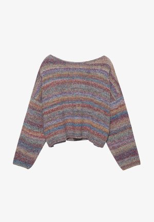 Kötött pulóver széles nyakkivágással és hosszú ujjakkal. Többszínű fonal csíkokkal, rózsaszín, kék és bézs árnyalatokban. Texturált felület.