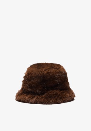 Brown faux fur bucket hat with a soft texture, rounded crown, and wide brim. The material exhibits a slightly shiny finish.
