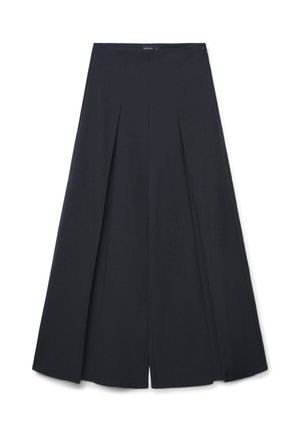 Culottes plissés noirs à taille haute, fabriqués en tissu lisse. Comprend une coupe à jambes larges et une ouverture frontale pour la ventilation.