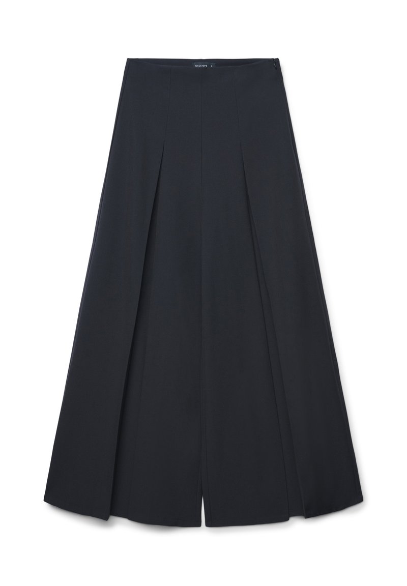 Schwarze, plissierte Culottes mit hohem Bund, aus glattem Stoff gefertigt. Sie verfügen über einen weiten Beinansatz und eine Frontöffnung zur Belüftung.