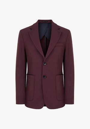 Bordowy blazer wykonany z fakturowanej tkaniny, z wyciętymi klapami, dwoma przednimi kieszeniami i dwoma guzikami do zapięcia.