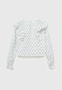 Blusa bianca a maniche lunghe con motivo floreale blu, dotata di spalle arricciate e polsini elastici. Chiusura posteriore con bottoni e design cropped.