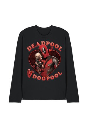 Black long-sleeve shirt with Deadpool holding a small dog inside a heart, surrounded by red text reading "Deadpool Dogpool."