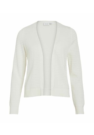 Bijeli kardigan s teksturiranim uzorkom, otvorenim prednjim dijelom te rebrastim manšetama i donjim rubom. Lagani materijal pogodan za slojevito odijevanje.