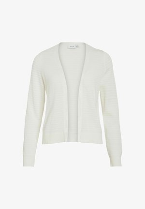 Bijeli kardigan s teksturiranim uzorkom, otvorenim prednjim dijelom te rebrastim manšetama i donjim rubom. Lagani materijal pogodan za slojevito odijevanje.