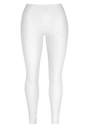 White leggings made from stretchy material, featuring a smooth, matte texture with an elastic waist and close-fitting design.