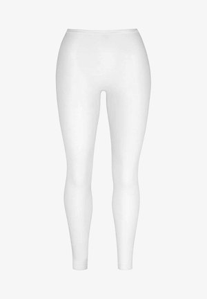 Weiße Leggings aus dehnbarem Material, mit einer glatten, matten Textur, einem elastischen Bund und einer figurnahen Passform.